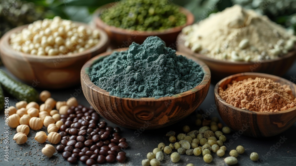 Assortment of Powders and Grains in Wooden Bowls Assortment of Powders and Grains in Wooden Bowls