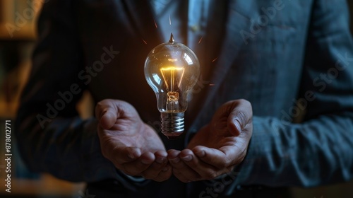 Startup Business Concept: Businessman Holding Smart Light Bulb with Up Arrow Aiming at Target for Rapid Business Growth and Success. Strategic Planning for Entrepreneurial Excellence