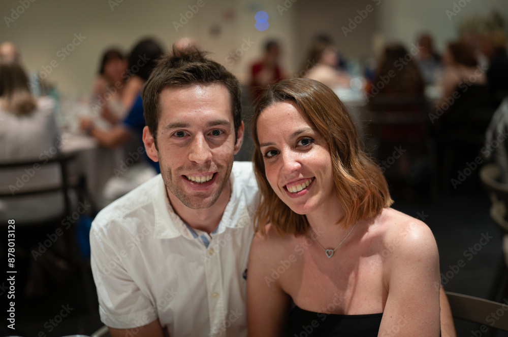 Quick portrait of a young couple at a company dinner. Event photography from a professional photographer, hard work. Quick portrait of a young couple at a company dinner. Event photography from a professional photographer, hard work.