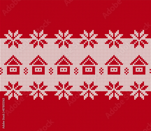 Red and white knit print with Christmas houses. Knitted sweater pattern. Xmas geometric seamless texture. Holiday fair isle ornament. Festive border background. Vector illustration