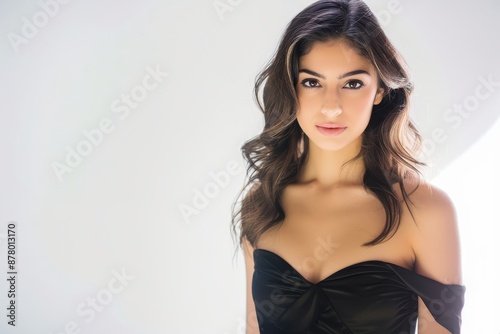 Elegant portrait of a girl in a black dress with soft curls, exuding confidence and grace against a bright white background