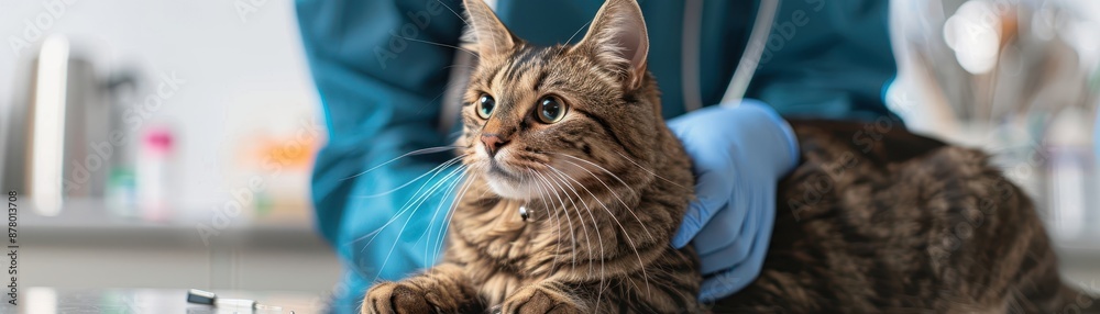Veterinarian checking a cat at the clinic. The veterinarian is in blue scrubs and wearing gloves while examining the cat on the table. Veterinarian checking a cat at the clinic. The veterinarian is in blue scrubs and wearing gloves while examining the cat on the table.