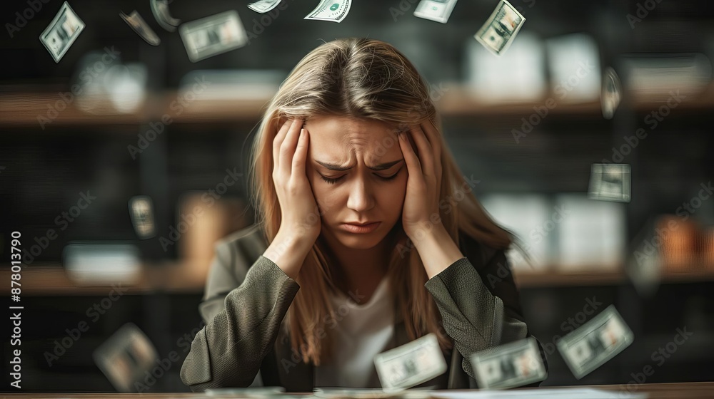 A businesswoman with head in hands, surrounded by falling dollar bills, economic distress, financial planning A businesswoman with head in hands, surrounded by falling dollar bills, economic distress, financial planning