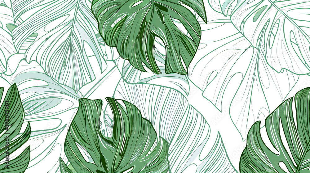 Abstract vector line art drawing of monstera leaves on a white background, using a green and gray color palette in the style of a seamless pattern design. Abstract vector line art drawing of monstera leaves on a white background, using a green and gray color palette in the style of a seamless pattern design.