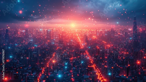 Futuristic Cityscape with Vibrant Lights and a Dusty Sky © Sarina