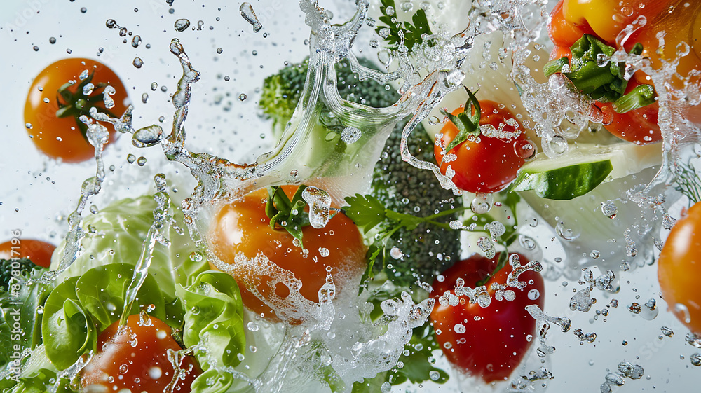 Ripe bright vegetables in a splash of water close-up, dynamic image Ripe bright vegetables in a splash of water close-up, dynamic image