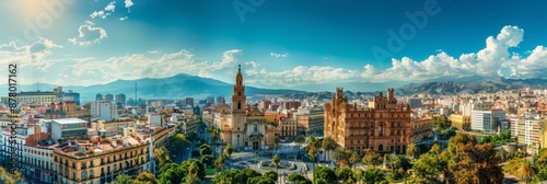 View of Malaga, travel in Spain. Holidays in Andalusia. Horizontal banner, free space for text, flat illustration. Postcard from Malaga. Costa del Sol, Andalusia, Spain. Tourism concept