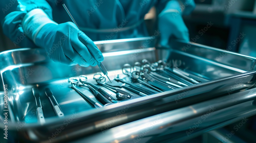 Close-up of a stainless steel tray with various surgical instruments held by a surgeon Close-up of a stainless steel tray with various surgical instruments held by a surgeon