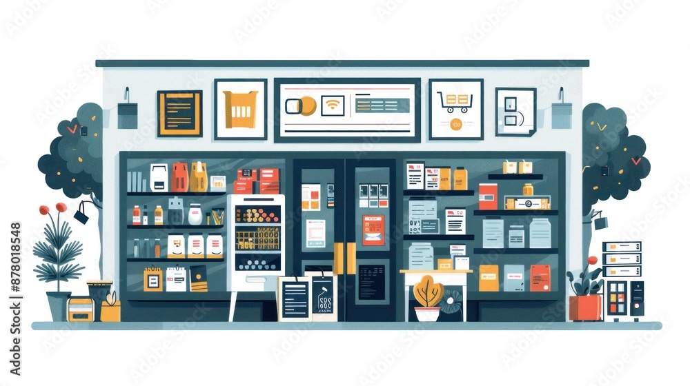 Flat design illustration of a digital marketplace, showcasing various products available for purchase online. The scene includes a user-friendly interface with product categories, search bars, and Flat design illustration of a digital marketplace, showcasing various products available for purchase online. The scene includes a user-friendly interface with product categories, search bars, and
