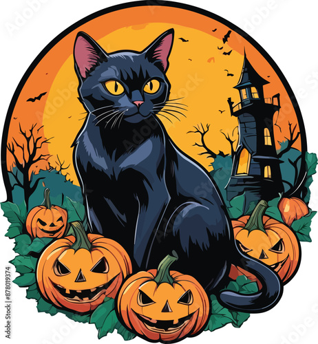 Halloween Horror – Black Cat with Haunted Pumpkins Vector Art