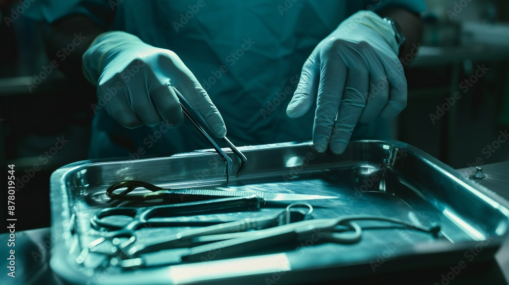 Close-up of a tray containing surgical clamps and a scalpel in the hands of a doctor Close-up of a tray containing surgical clamps and a scalpel in the hands of a doctor