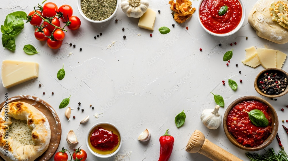 Ingredients for pizza such as dough, tomato sauce, cheese, and toppings forming a minimalist frame with a central copy space