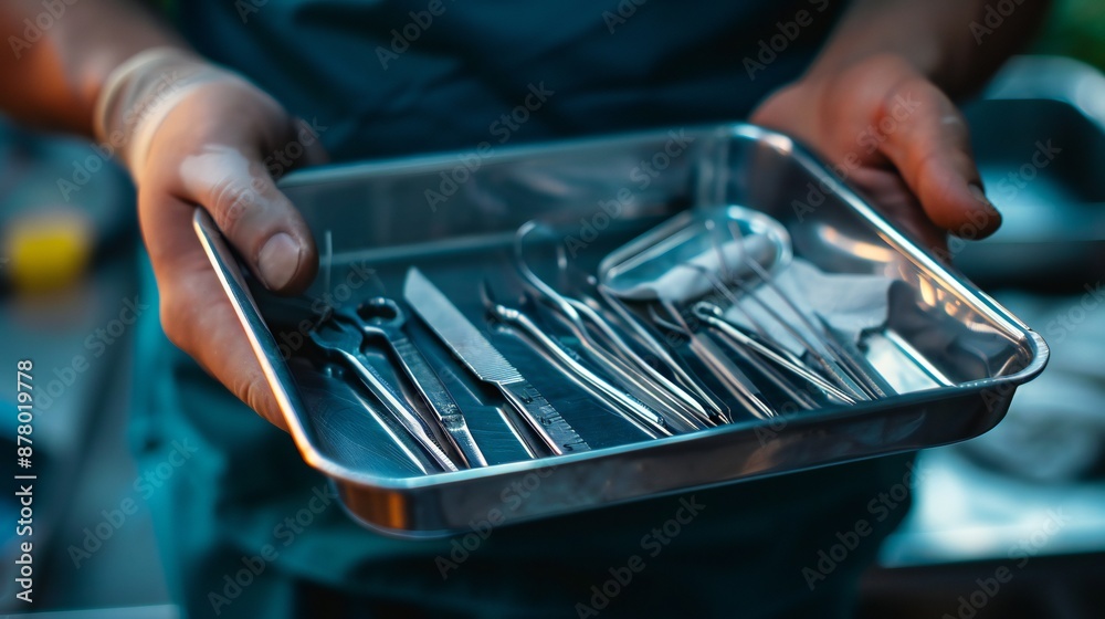 Close-up of a tray containing a scalpel, sutures, and hemostats in a doctor's hand Close-up of a tray containing a scalpel, sutures, and hemostats in a doctor's hand
