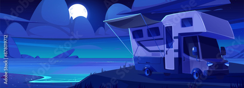 Trailer parked on night summer beach. Vector cartoon illustration of lakeside camp, dark sea coast with grass and sand, rocky stones in water, full moon and stars glowing in cloudy sky, holiday travel