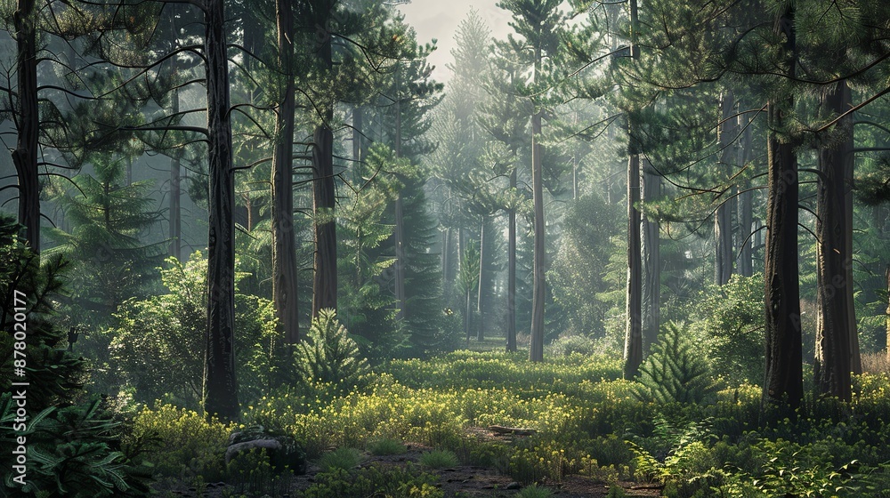 a landscape of a dense and relaxing forest full of tall trees, pines and bushes a landscape of a dense and relaxing forest full of tall trees, pines and bushes
