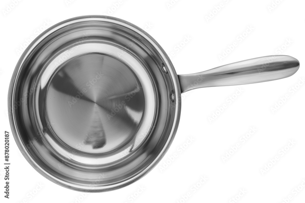 Empty silver metal golden sauce pan with handle, close up flat lay view bowl mockup Empty silver metal golden sauce pan with handle, close up flat lay view bowl mockup