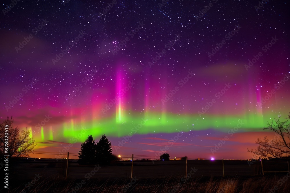 Obraz premium A shimmering aurora borealis dancing across the night sky, painting the heavens with vibrant hues of green, purple, and pink, Generative AI