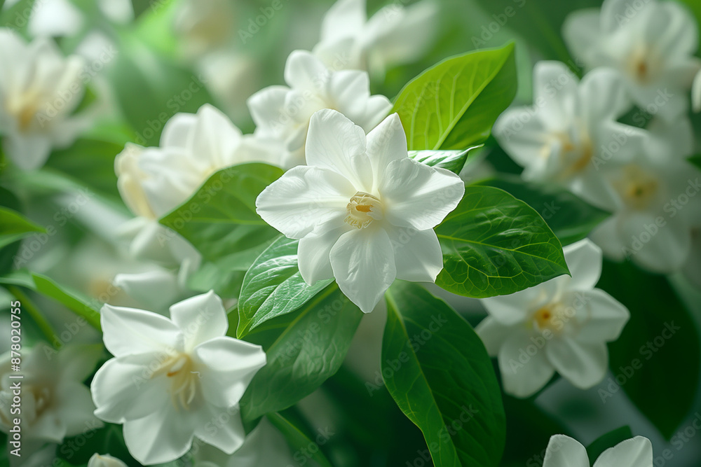 Fototapeta premium Mother’s day with white jasmine concept, Jasmine Bouquet, A close-up shot of a bouquet of jasmine flowers, showcasing their delicate white petals and lush green leaves