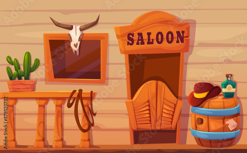 Western saloon facade with buffalo skull. Vector cartoon illustration of tavern signboard on wooden wall, cowboy hat and rum bottle on beer barrel, lasso on balustrade, cactus near window, wild west