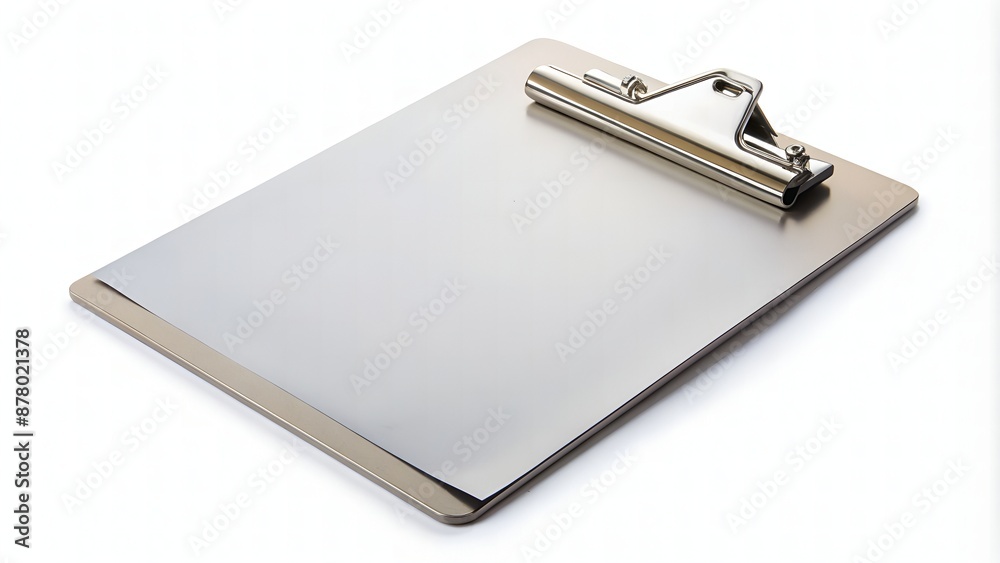 Metal clipboard with A4 size flyer held securely by a silver clip, set against a clean and minimalist white background, perfect for office or school settings. Metal clipboard with A4 size flyer held securely by a silver clip, set against a clean and minimalist white background, perfect for office or school settings.