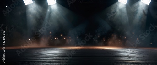Illuminated stage with scenic lights and smoke. color vector spotlight with smoke volume light effect on black background. Stadium cloudiness projector