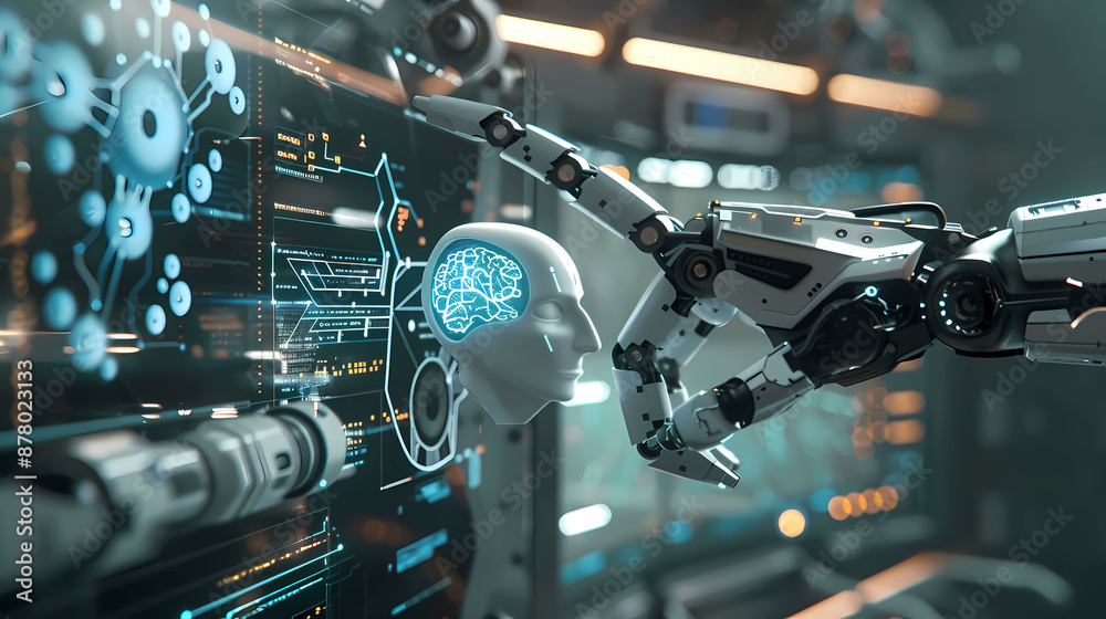White robot arm using digital technology connection. 3D rendering on big data network connection background, Science and artificial intelligence technology. White robot arm using digital technology connection. 3D rendering on big data network connection background, Science and artificial intelligence technology.
