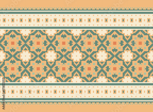 Ikat Embroidery Oriental Pixel Pattern Cream Background. Abstract,vector,illustration. Texture,cross Stitch,scarf,decoration,motifs,wallpaper.