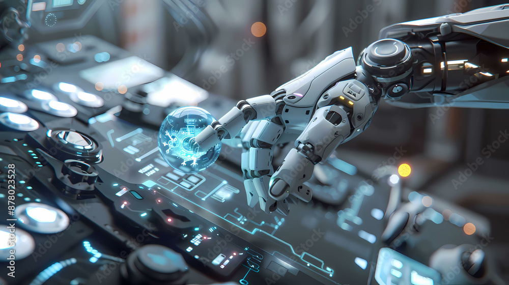 Fototapeta premium White robot arm using digital technology connection. 3D rendering on big data network connection background, Science and artificial intelligence technology.