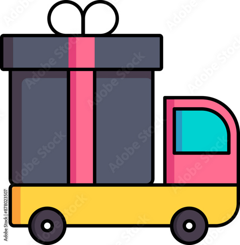 Pickup Truck Carrying Large Gift Box Icon in Colorful.