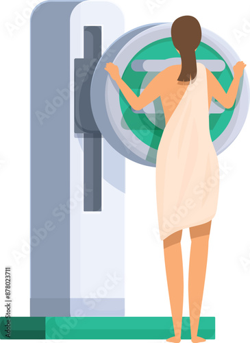 Female patient is undergoing a mammogram, a specialized medical imaging technique used to detect and diagnose breast diseases in a modern hospital