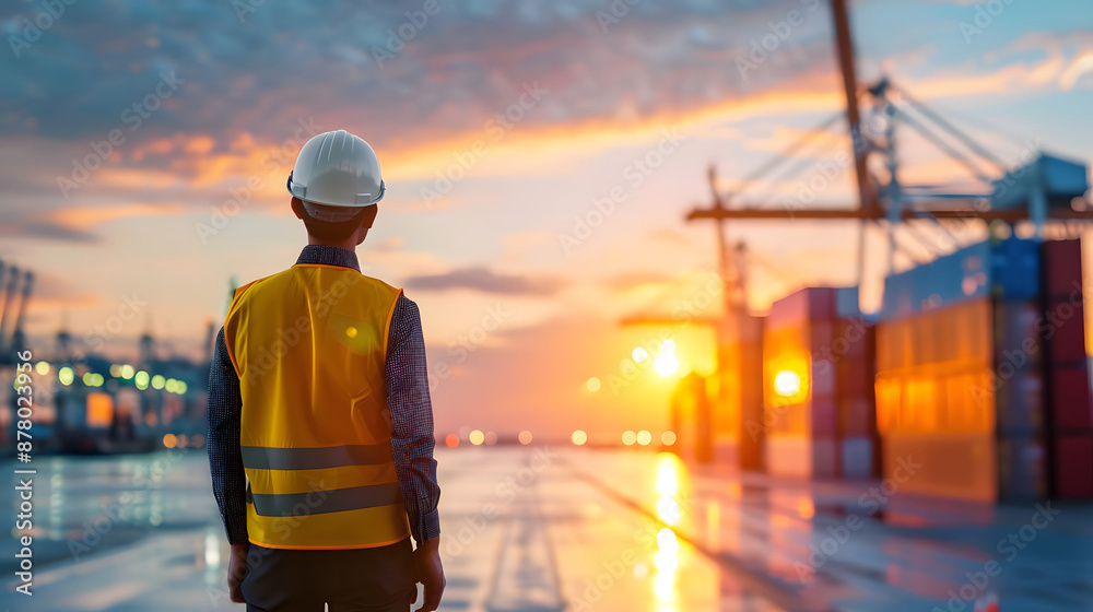 Rear view of industrial worker surveying shipping containers at sunset in a port, symbolizing logistics, trade, and teamwork.