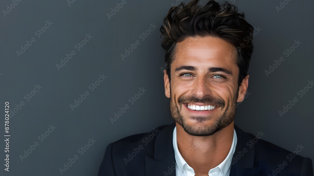 Smiling young man with dark hair and a beard, dressed in a black blazer, against a dark background. Confident and professional look. Smiling young man with dark hair and a beard, dressed in a black blazer, against a dark background. Confident and professional look.