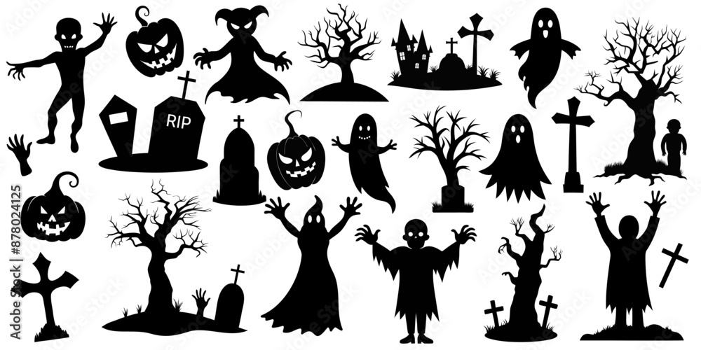 set of black Halloween silhouettes on a white background. scary set with monsters set of black Halloween silhouettes on a white background. scary set with monsters