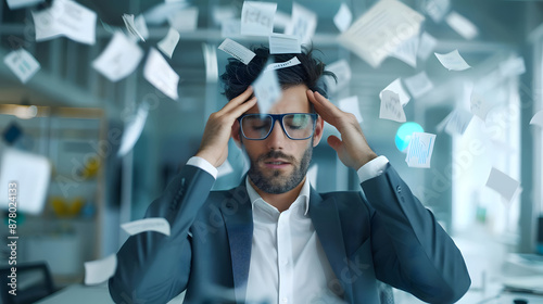 Stressed businessman overwhelmed by paperwork in office, struggling with workload, financial crisis, information overload, or business challenges.