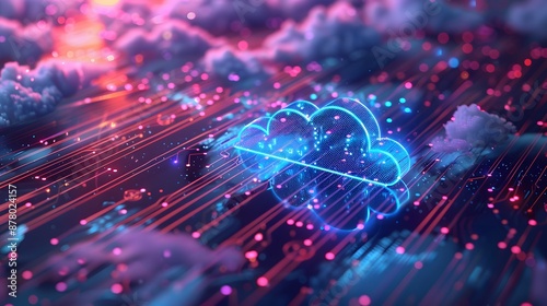 Digital neon cloud with data lines merging into a colorful, futuristic landscape, symbolizing cloud computing and modern technology.