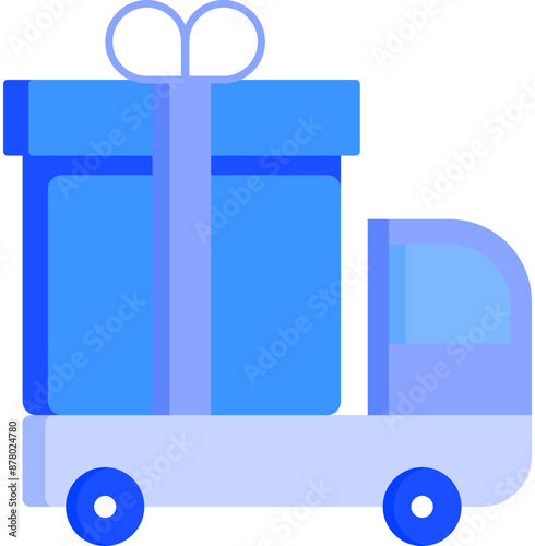 Pickup Truck Carrying Large Gift Box Icon in Blue Color.