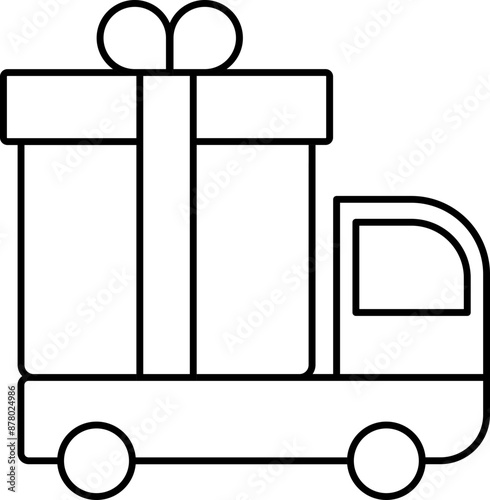 Pickup Truck Carrying Large Gift Box Icon in Black Outline.