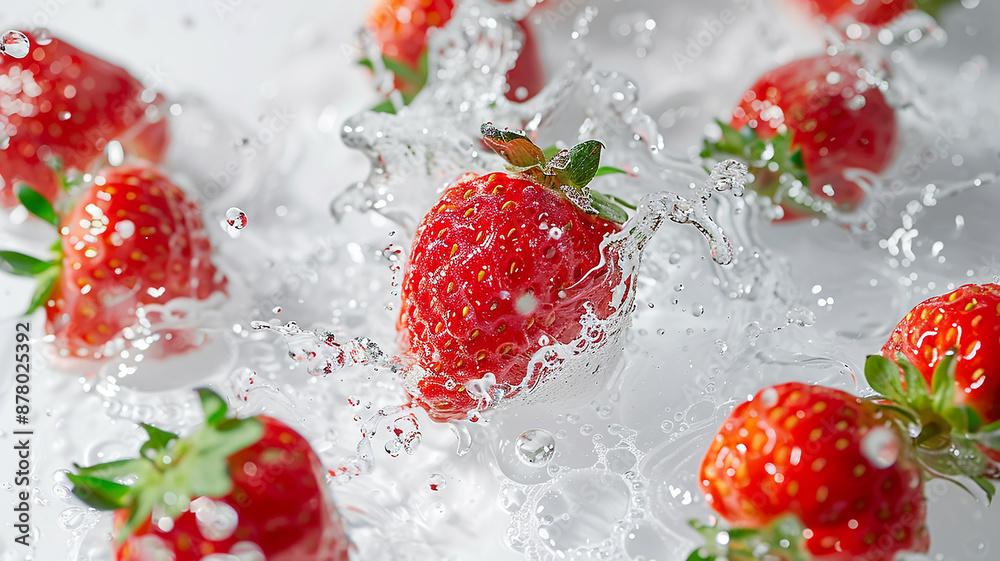 Ripe red strawberry in a splash of water close-up, dynamic image Ripe red strawberry in a splash of water close-up, dynamic image