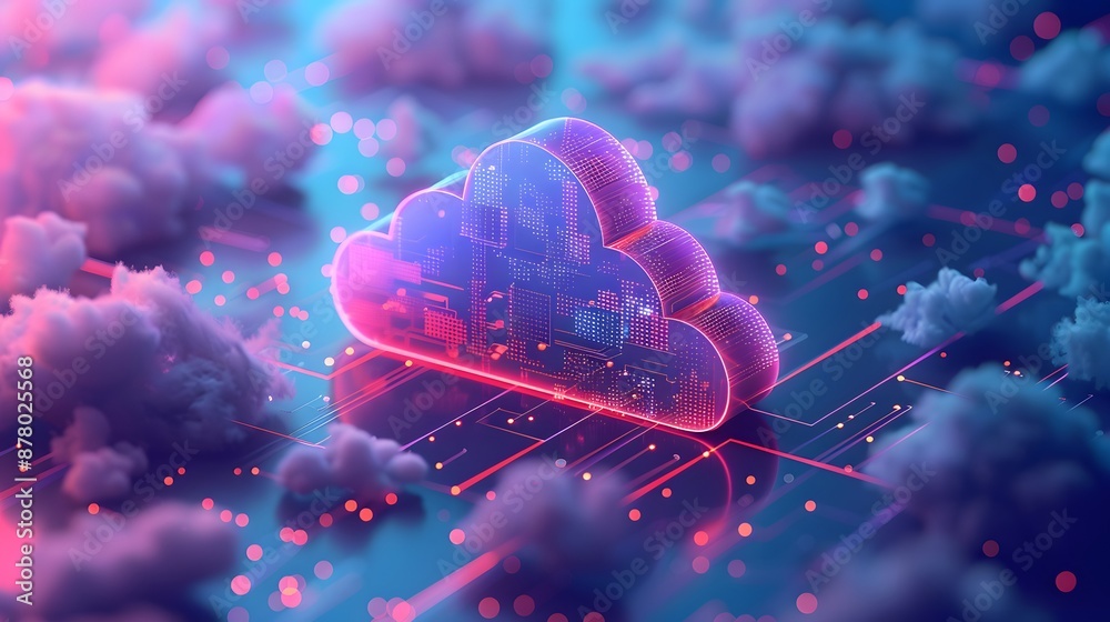 Futuristic cloud computing concept with digital cloud and data network, surrounded by vibrant, glowing elements in a dreamy atmosphere. Futuristic cloud computing concept with digital cloud and data network, surrounded by vibrant, glowing elements in a dreamy atmosphere.