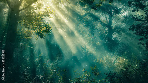 Beautiful morning sunlight illuminating a foggy forest with lush green foliage