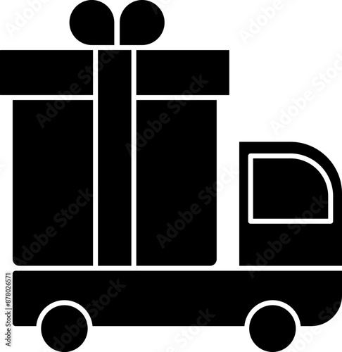 Pickup Truck Carrying Large Gift Box Icon in Black and White Color.