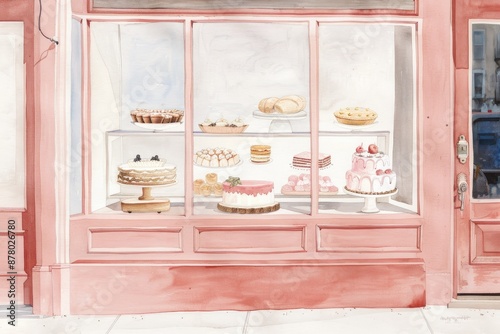 Cute bakery illustration of a display window with cakes, pies, and bread in watercolor style photo