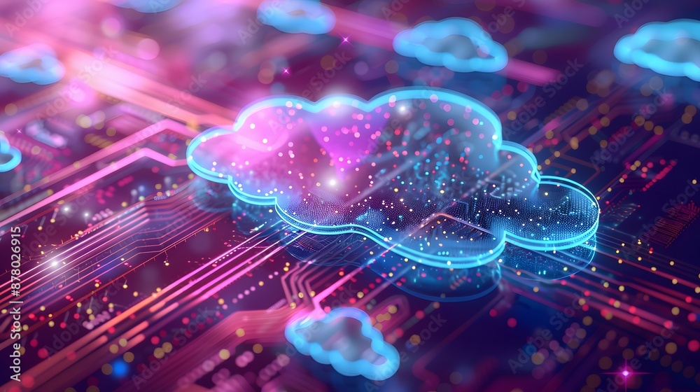 Futuristic digital cloud computing concept, glowing holographic cloud shapes on a vibrant circuit board background. Futuristic digital cloud computing concept, glowing holographic cloud shapes on a vibrant circuit board background.