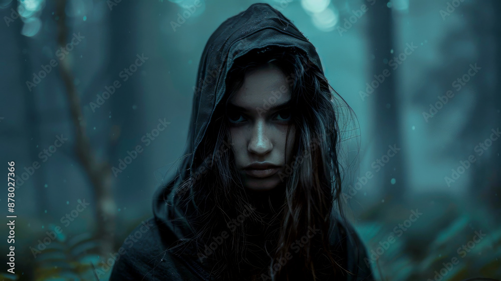 Mysterious woman with piercing eyes wearing a hood standing in a dark forest Mysterious woman with piercing eyes wearing a hood standing in a dark forest