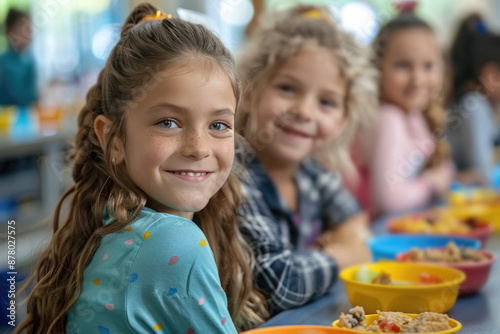 Two little girlfriends are sitting at a table in the school cafeteria. Two young friends are sitting happily at the table in the dining room. tray with school lunches and colorful snacks.