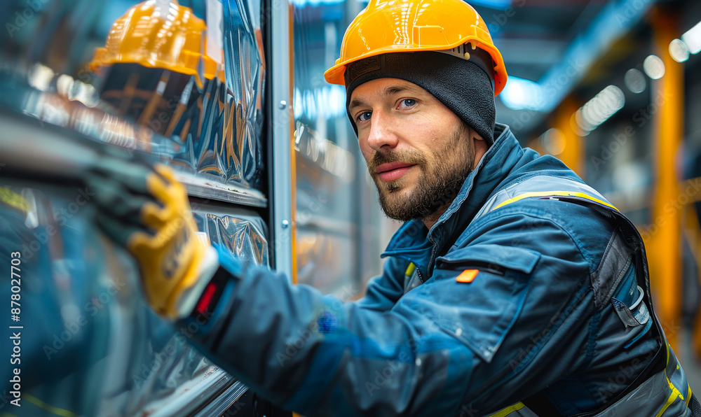 Male Worker Installing Plastic Window Indoors Close-Up, Wearing Safety Gear and Hard Hat, Focus on Installation Process, Industrial Setting, Daytime, Professional Construction Work Male Worker Installing Plastic Window Indoors Close-Up, Wearing Safety Gear and Hard Hat, Focus on Installation Process, Industrial Setting, Daytime, Professional Construction Work