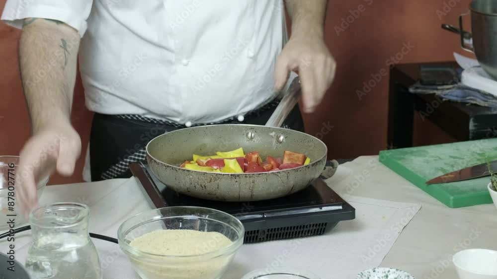 A chef preparing veg ball stock on induction A chef preparing veg ball stock on induction