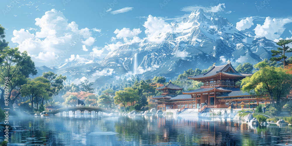 Fototapeta premium 空に架かる虹と紫陽花の風景イラスト