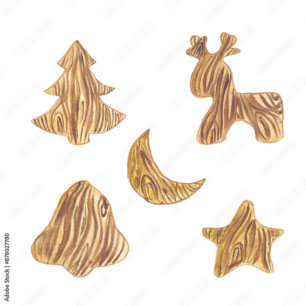 Fototapeta premium wooden toy month deer star bell fir tree brown color christmas set watercolor illustration isolated on white background hygge cozy crafts base for card design textile tableware stickers