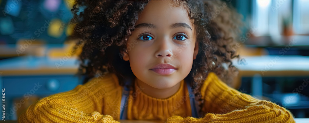 A little girl with curly hair sits attentively at her desk. bright and cheerful atmosphere in the classroom. School education. A little girl with curly hair sits attentively at her desk. bright and cheerful atmosphere in the classroom. School education.